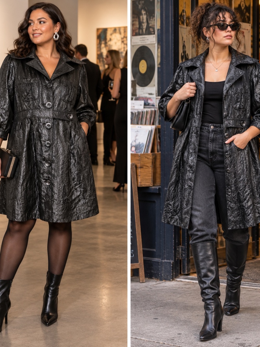 Lapis Y2K Black Metallic Crinkle Coat Dress Wet Look Button Front